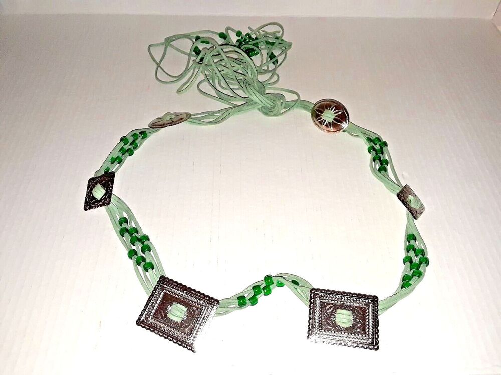 Boho Tie Belt with Plastic Beads and Silver-Tone Medallions Leight Weight